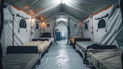 Interior of a military medical field tent with multiple beds, essential equipment, and light for emergency and disaster relief.