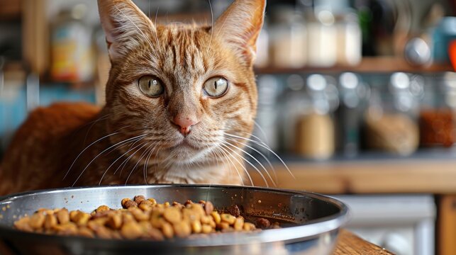 A curious cat approaching a shiny metal dish filled with dried food, set against a colorful kitchen backdrop, evoking a sense of anticipation and hunger