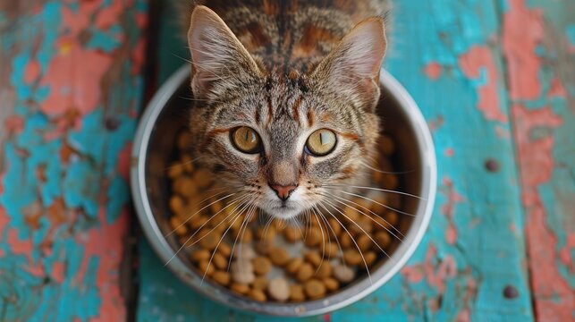 A curious cat approaching a shiny metal dish filled with dried food, set against a colorful kitchen backdrop, evoking a sense of anticipation and hunger