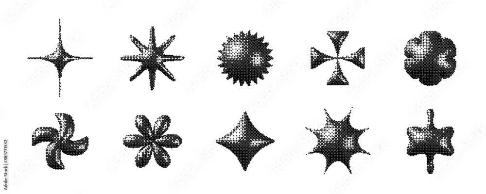 Poster pixelated 3d y2k shape set. bitmap stars, flowers, sparkles element collection. retro 8 bit sticker 
