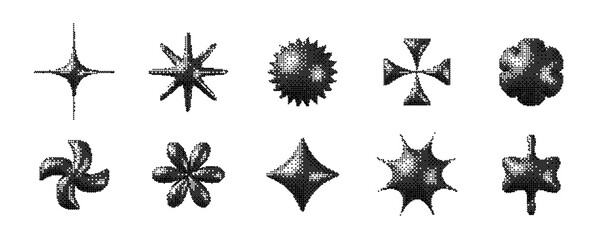 Pixelated 3d Y2K shape set. Bitmap stars, flowers, sparkles element collection. Retro 8 bit sticker form bundle for poster, banner, collage, graphic design, tattoo. Vector dither geometric object pack