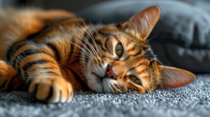 A majestic tiger cat relaxing on the floor at home, showcasing its striking beauty and grace