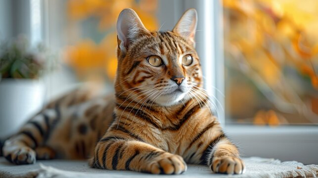 A majestic tiger cat relaxing on the floor at home, showcasing its striking beauty and grace