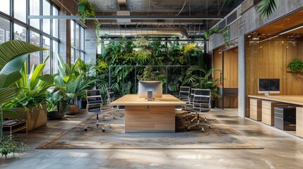 Modern open office space with a natural design, featuring large windows, indoor plants, and wooden furniture for a refreshing work environment.