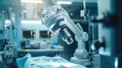 Modern surgical operating room with advanced microscope equipment, ready for a medical procedure. High-tech setup for precision surgery.