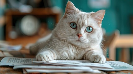A white cat leaning against a stack of papers on a desk, looking at the camera with a curious and relaxed expression