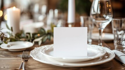 Table place setting blank menu card mockup or reserve in wedding invite and special event