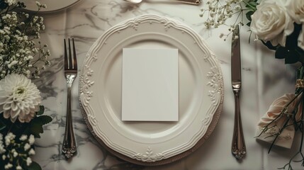 Table place setting blank menu card mockup or reserve in wedding invite and special event