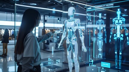 Obraz premium Woman interacting with futuristic digital interface displaying anatomical model of a human.