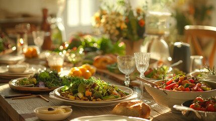 Table A rustic dining table set with dishes featuring farm-fresh vegetables, emphasizing the farm-to-table concept, with dishes like vegetable soups, stews, and salad
