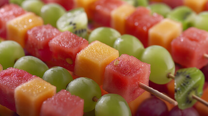 Fruit Skewers Colorful fruit skewers made with chunks of watermelon, cantaloupe, kiwi, and grapes, perfect for a summer snack for party treats