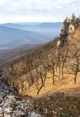 morning in a nature park, mountainous terrain panorama of rocky mountains and vegetation