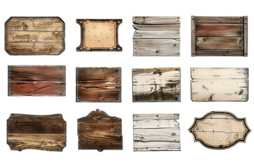 A collection of wooden signs with various designs and sizes