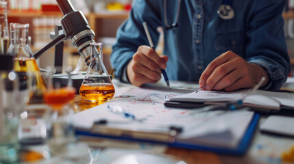 Close-up shots of scientists conducting experiments, analyzing data, writing on whiteboards, or using advanced technology. Highlight activities like chemical reactions, DNA sequencing, or robotics. 