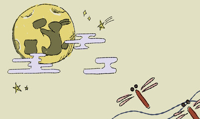 星で彩る、お月見の背景イラスト、とんぼとともに。ペン画風の手描きタッチ。　月にはうさぎの影。　模様付き。 © chockwhooll