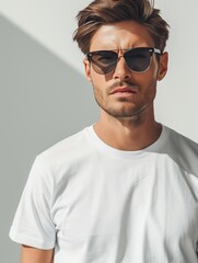 Naklejka premium Man in white t-shirt and sunglasses, standing against a gray wall in bright daylight, hair styled neatly, facial expression serious.
