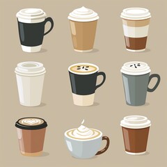 Coffee Tea Cup Collection, Espresso Cafe Mug Set, Diner Menu Objects, Hot Drink Concept Art, Food and Beverage Design Illustration, Restaurant Web Graphic, Cute Culinary Clipart  