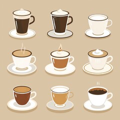 Obraz premium Coffee Tea Cup Collection, Espresso Cafe Mug Set, Diner Menu Objects, Hot Drink Concept Art, Food and Beverage Design Illustration, Restaurant Web Graphic, Cute Culinary Clipart 