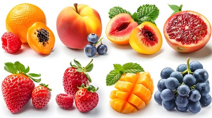 A variety of fresh fruits are arranged on a white background, including oranges, peaches, blueberries, strawberries, raspberries, mangoes, and grapes