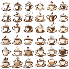 Obraz premium Coffee Tea Cup Collection, Espresso Cafe Mug Set, Diner Menu Objects, Hot Drink Concept Art, Food and Beverage Design Illustration, Restaurant Web Graphic, Cute Culinary Clipart 