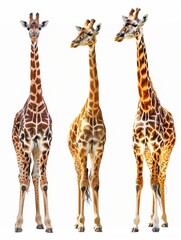 Obraz premium Three giraffes standing side by side against a white background, showcasing their long necks and distinct coat patterns