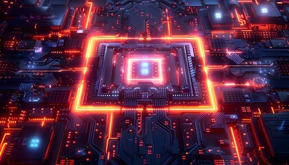 Obraz premium A close-up of a circuit board with glowing red and blue lights. The central processing unit is surrounded by a bright red frame