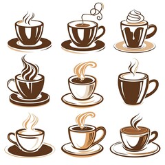 Obraz premium Coffee Tea Cup Collection, Espresso Cafe Mug Set, Diner Menu Objects, Hot Drink Concept Art, Food and Beverage Design Illustration, Restaurant Web Graphic, Cute Culinary Clipart 