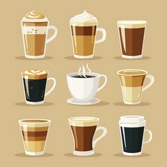 Obraz premium Coffee Tea Cup Collection, Espresso Cafe Mug Set, Diner Menu Objects, Hot Drink Concept Art, Food and Beverage Design Illustration, Restaurant Web Graphic, Cute Culinary Clipart 
