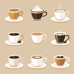 Obraz premium Coffee Tea Cup Collection, Espresso Cafe Mug Set, Diner Menu Objects, Hot Drink Concept Art, Food and Beverage Design Illustration, Restaurant Web Graphic, Cute Culinary Clipart 