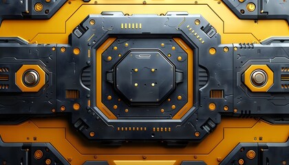 Fototapeta premium A close-up of a futuristic metal panel with a central octagonal component surrounded by smaller circular elements, dark gray with yellow accents