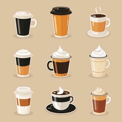 Obraz premium Coffee Tea Cup Collection, Espresso Cafe Mug Set, Diner Menu Objects, Hot Drink Concept Art, Food and Beverage Design Illustration, Restaurant Web Graphic, Cute Culinary Clipart 