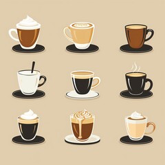Obraz premium Coffee Tea Cup Collection, Espresso Cafe Mug Set, Diner Menu Objects, Hot Drink Concept Art, Food and Beverage Design Illustration, Restaurant Web Graphic, Cute Culinary Clipart 