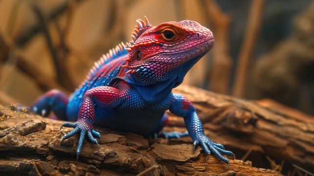 Vibrant lizard with stunning blue, pink scales, perched on wood, detailed texture, warm natural light, blurred background, lively reptile.