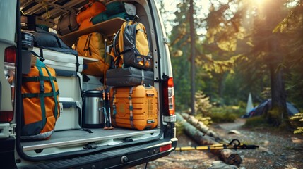 Fototapeta premium Close-up of a modern camping van's rear storage area, showcasing neatly organized camping equipment including a tent, sleeping bags, a cooler, and hiking backpacks, all set against a picturesque