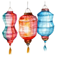 Obraz premium Lanterns watercolor illustration isolated on transparent. png file for art work, posters, posters, cards, holiday decor. 