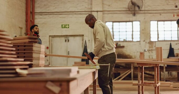 Carpentry, wood and men in factory for manufacturing, production line and furniture in workshop. Teamwork, lumber or project in warehouse for remodeling, construction or design process with equipment