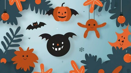 Halloween-themed background featuring jack-o'-lanterns, bats, and autumn leaves hanging from branches, perfect for festive decorations.
