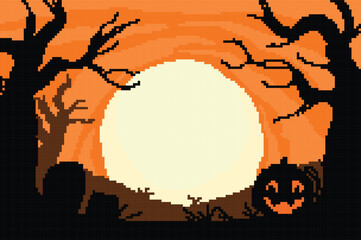 pixel art, Halloween theme with the concept of scary black shadows under a very beautiful orange sky and moon