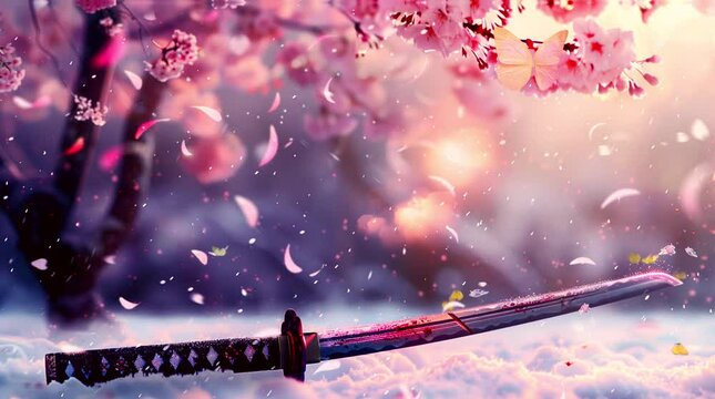 antique katana sword in snow with cherry bloosom background. footage video animation background.