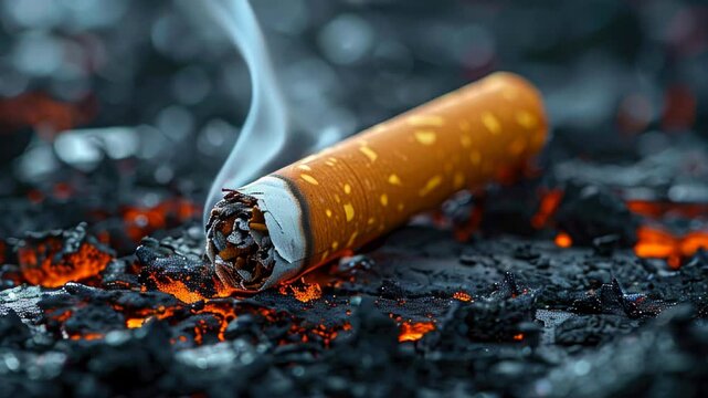 Cigarette smoldering in ashes