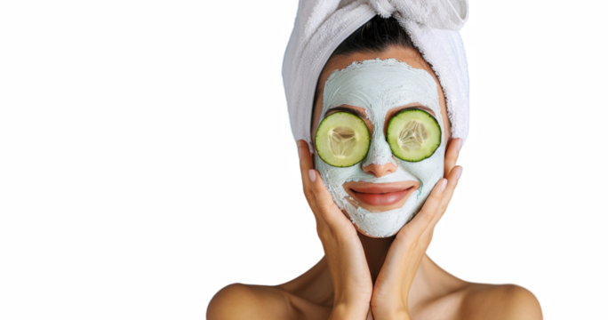 A woman is wearing a white towel and has cucumber slices on her eyes