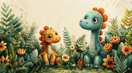 Naklejka premium Cute Dinosaurs in a Lush Garden