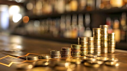 Coin stacks showing a positive financial trend in a bar setting. AI generated