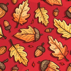 Obraz premium Autumnal Oak Symphony: A Hand-Drawn Tapestry in Crimson
