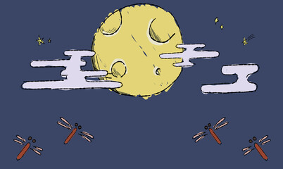 星空のお月見背景イラスト、とんぼとともに。ペン画風の手描きタッチ。 © chockwhooll