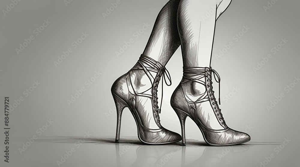 Wall mural female legs with lace up high heels shoes. hand drawn sketch vector illustration line art, generativ