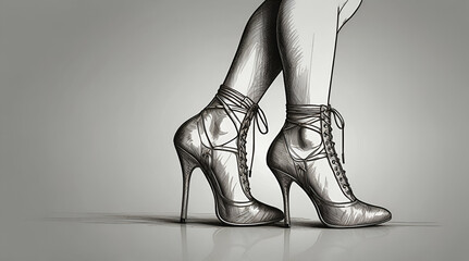 Female legs with lace up high heels shoes. Hand drawn sketch vector illustration line art, generative.ai
