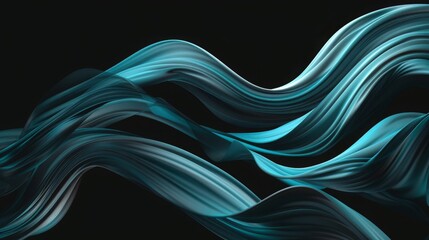 Minimalist Dark Cyan and Blue Twisted Waves on Black Background, Flowing Lines, Data Visualization, Ultra HD