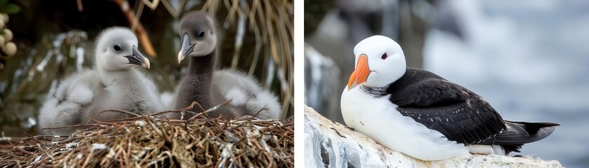 Adorable ducklings nestled together in their nest and a beautiful adult duck with striking black and white plumage resting by the water.