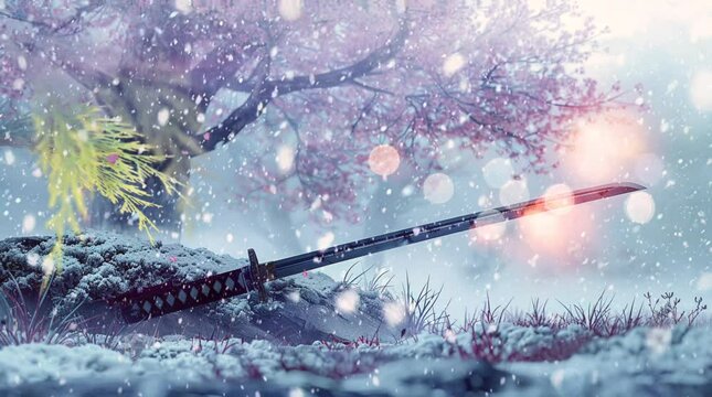 antique katana sword in snow with cherry bloosom background. footage video animation background.